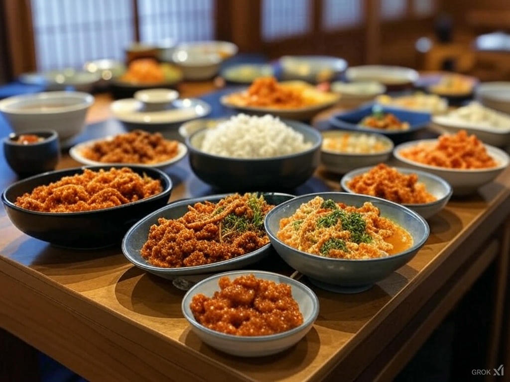 밥과 국, 찌개, 반찬들로 이루어진 한국인의 식단